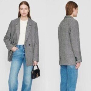 Anine Bing Fishbone Black Off White Herringbone Double Breasted Blazer Size L